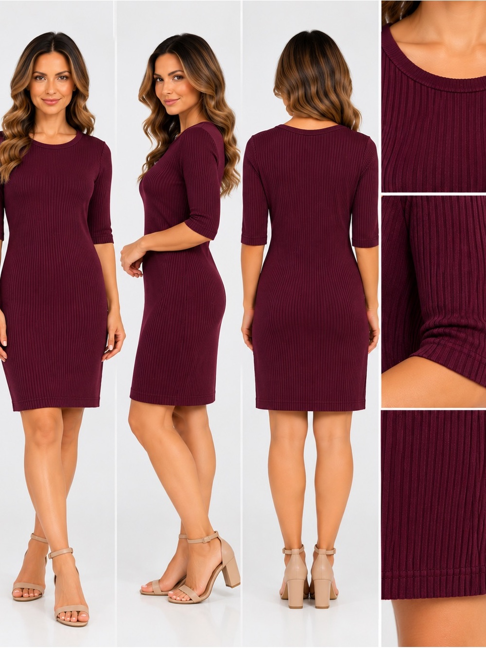 Denver Hayes 3/4 Sleeve Ribbed Midi Dress in Deep Plum